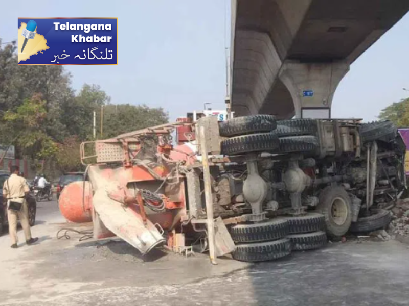 ریڈی مکس کانکریٹ ٹرک بیج سڑک پر الٹ گیا